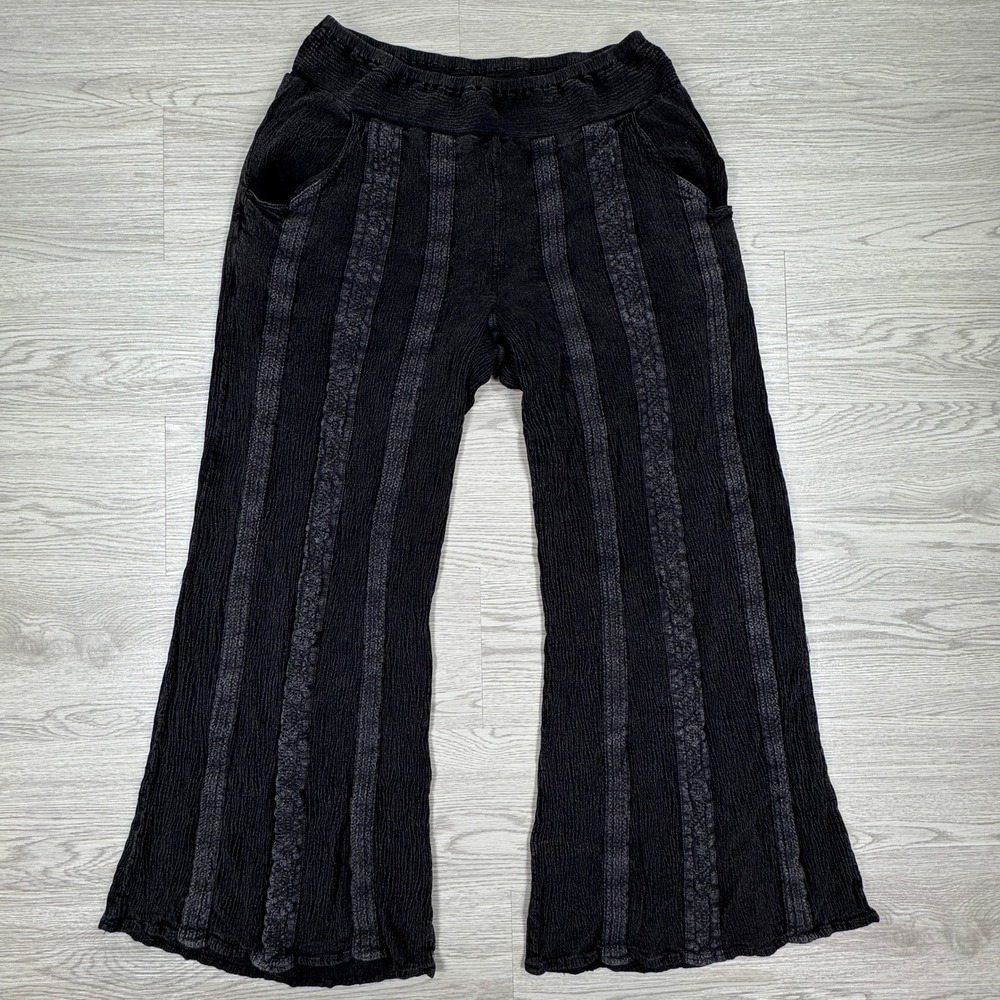 Studio West Women's Pants Wide Leg‎ Crinkle Embroidered Black Small Boho Relaxed